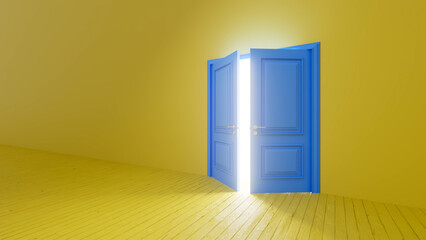 Light streaming through an open blue double door in a yellow room illuminates the yellow wooden floor, creating a hopeful and optimistic atmosphere