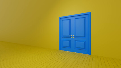 Blue double door slightly open, standing out against a vibrant yellow wall in a room with yellow wooden floor, creating a striking contrast and suggesting new opportunities or a transition