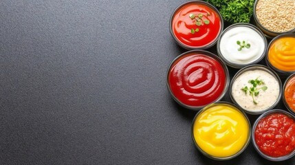 Colorful assorted sauces in small bowls, top view on dark slate background, stylish restaurant serving, space for text or menu layout