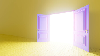 Bright light streaming through open purple double doors illuminates a yellow room with a wooden floor, creating an inviting atmosphere filled with potential and new beginnings