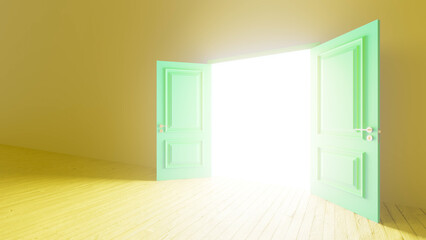 Bright light streaming through an open green door illuminates an empty room with a wooden floor, fostering a sense of hope and optimism for new beginnings and possibilities