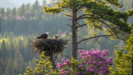 Majestic Bald Eagle Nesting in a Scenic Pine Tree Landscape