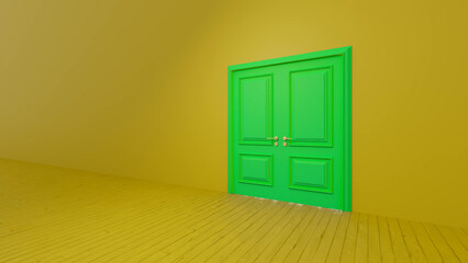 Green double doors standing in a vibrant yellow room with a wooden floor, symbolizing opportunity, new beginnings, and the choices that shape ones journey ahead