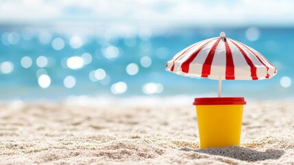 Bright yellow plastic bucket under a red and white striped beach umbrella, sparkling sea reflections in the background, white sand, peaceful summer vacation mood