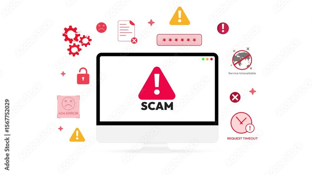 Poster scam and ransomware attack on the computer screen with red alarming shapes, 4k animation. error, cyb