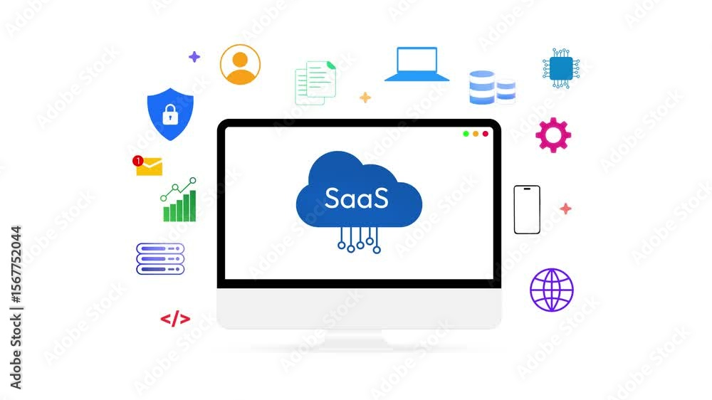 Poster software as a service saas cloud on the computer screen floating and connecting with multiple shapes