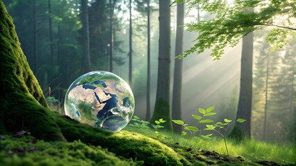 Earth in a Glass Sphere Surrounded by Lush Green Forest Landscape