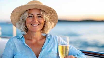 Elegant woman in a hat holding a glass of champagne on a cruise boat, endless ocean horizon and soft golden light, calm and luxurious mood