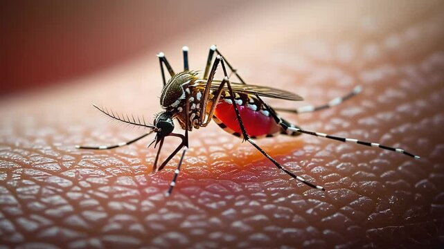 Close up of aedes mosquito sucking blood on human skin showing its striped legs and filled abdomen