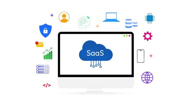 Software as a service Saas cloud on the computer screen floating and connecting with multiple shapes, 4k animation. Multitasking, system, ai.