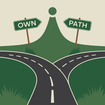 A road forks into two directions with signs pointing to own and path representing a choice or decision about one s personal journey
