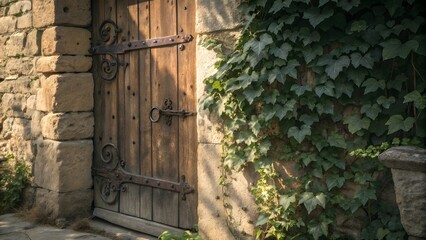 Rustic Wooden Door Surrounded by Lush Green Ivy Vines in Nature