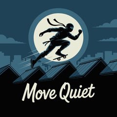 A stealthy ninja in black attire rides a skateboard across rooftops under a large full moon with city skyline in the background © Ultimate