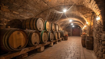 Rustic Wine Cellar with Wooden Barrels and Atmospheric Lighting