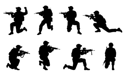 Set of vector silhouettes of tactical soldiers, military men in battlefield stances, aiming rifles from crouched and standing positions, depicting modern warfare, combat strategy, and armed readiness
