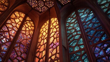 Chapel windows depicting cellular division in jewel-toned transparency
