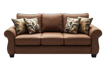 Elegant Brown Couch Sofa with Decorative Pillows Stylish Living Room Furniture Comfort Home on transparent background