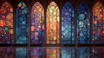 Chapel windows depicting cellular division in jewel-toned transparency