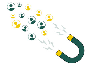 Acquiring client's concept design with a magnet attracting persons floating shapes on the transparent backdrop. Leads, sales, growth, business.