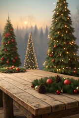 Decorated Christmas trees and wooden table lights ornaments