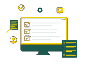 Checklist marked on the compute screen with floating icons, transparent concept. Corporate colors, business, user, items, marked.