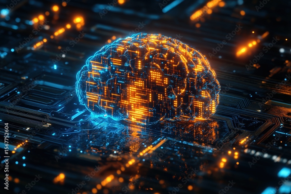 Poster a glowing brain rests on a complex circuit board.