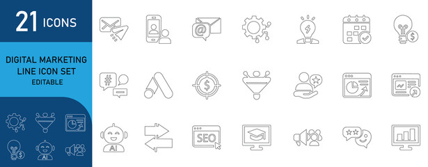 Editable digital marketing line icon set featuring SEO, campaign, social media, content, email, web strategy, analytics, mobile, and promotion tools