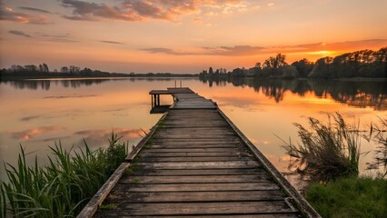 Serene Sunset Over Calm Lake with Wooden Pier and Reflections