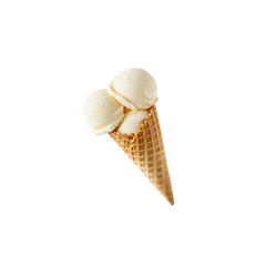Delicious creamy vanilla ice cream in a crispy waffle cone on a black background
