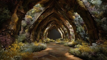 Obraz premium Compost cathedral: arched structures of layered organic matter sprouting unexpected flowers 