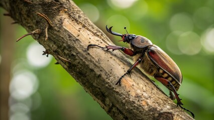 Vibrant Close-Up of a Beetle Climbing a Tree Branch in Nature