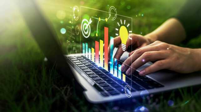 Hands type on a black MacBook keyboard with colorful holographic data visuals, charts, and icons, set against a dark blue, modern tech background