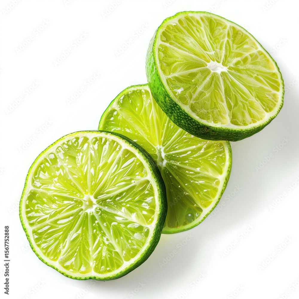 Poster three juicy lime slices, creating a refreshing visual on a clean white backdrop
