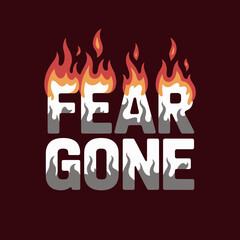 The words fear gone are displayed in bold stylized letters with flames engulfing the top of the word fear and the bottom of the word gone against a dark maroon background