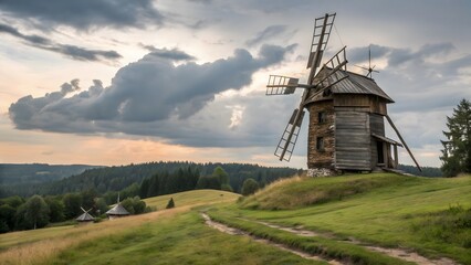 Historic Windmill on Rolling Hills Under Dramatic Cloudy Sky