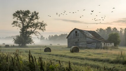 Serene Early Morning Landscape with Barn and Birds in Flight
