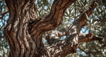 Obraz premium Close up of a textured tree trunk with branches and leaves in a natural outdoor setting sunlight