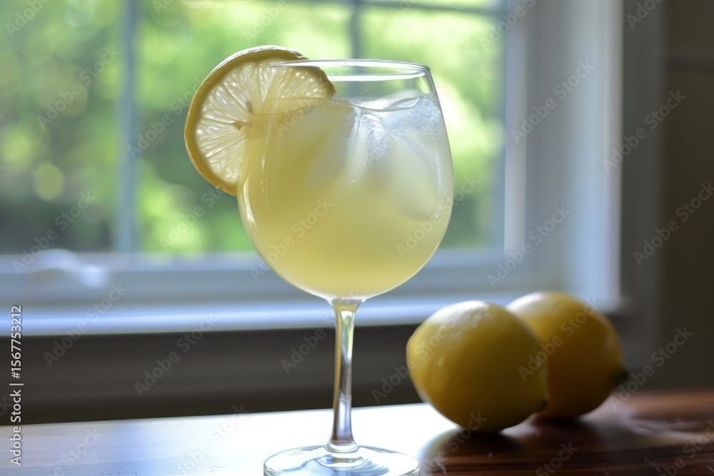 Aufkleber glass of lemonade with ice and lemon slice sits on table by window with whole lemons