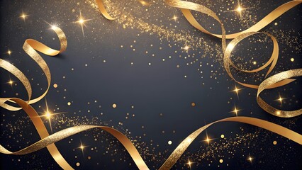 Elegant Gold Ribbons and Sparkles on Dark Background for Celebration
