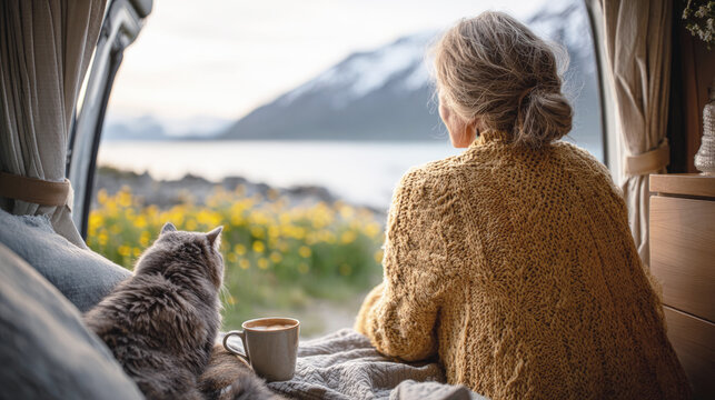 Woman relaxing in camper van with cat, coffee and mountain view at sunrise, enjoying peaceful solitude and scenic nature during a tranquil spring or summer morning. - Powered by Adobe