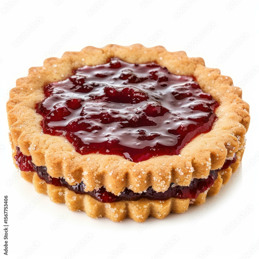 Poster two round cookies with scalloped edges filled with red berry jam creating a delicious treat