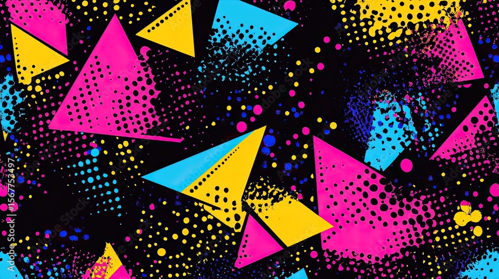 Poster the stock photo shows a seamless pattern of abstract triangles and dots in bold colors.
