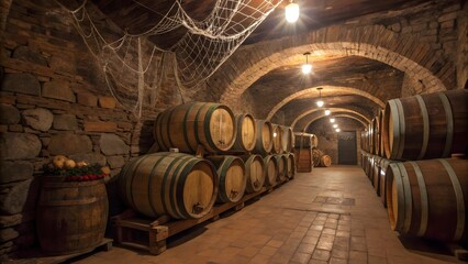 Rustic Wine Cellar with Wooden Barrels and Stone Walls