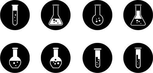 Set of laboratory glassware icons in black and white