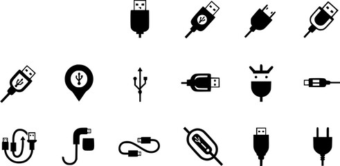 Set of USB and power cord icons in black on white background