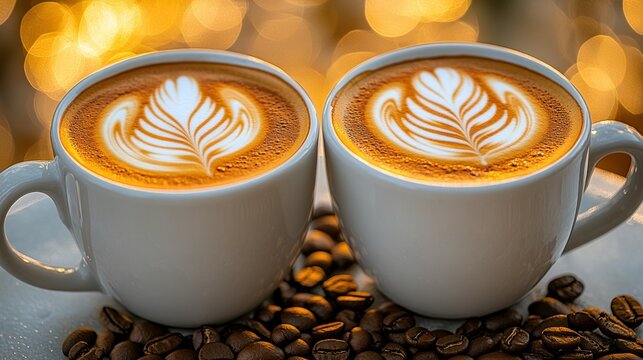 Two latte art coffees, cafe setting, golden bokeh background