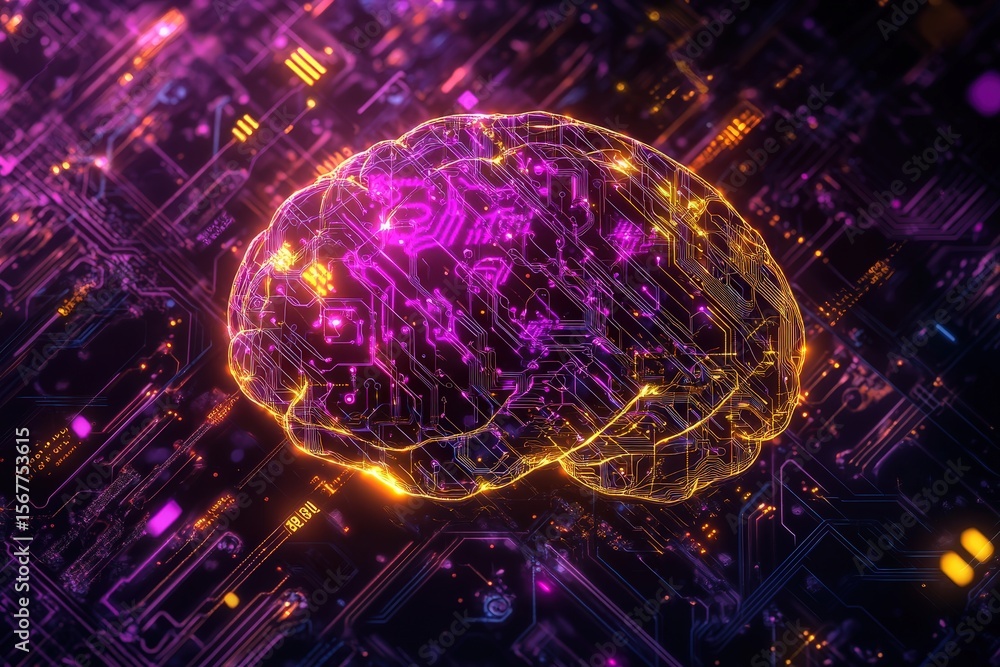 Poster a digital illustration of a brain overlaid with circuit board patterns.