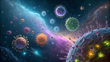 Colorful Microorganisms in a Cosmic Space Environment Illustration