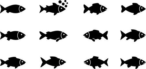 Set of simple fish icons in black silhouettes on white background