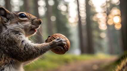 Squirrel Holding Nut in Forest Setting with Soft Evening Light